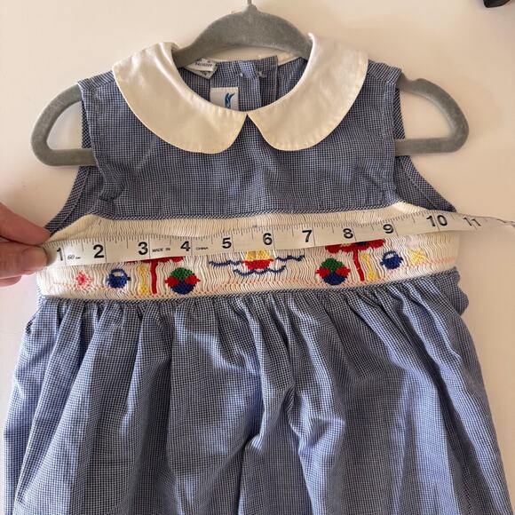 Silly Goose Hand Smocked Summer Beach Collar Dress Tie Back Blue Gingham 24M - Picture 7 of 8